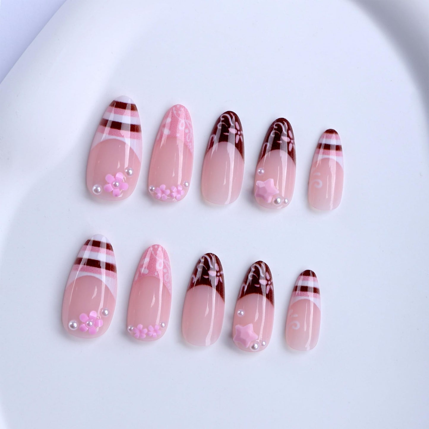 octoswave Long Almond Press on Nails 3D Floral Star Design Pink Brown Fake Nails for Women Girls Party Vacations 24Pcs