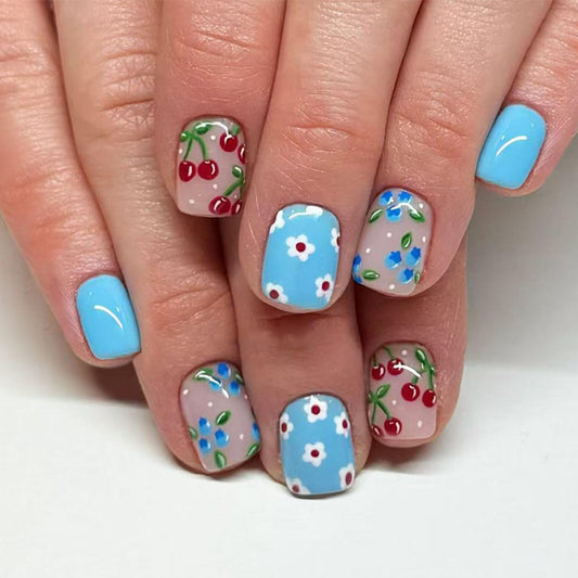 Short Square Press on Nails Bright Blue Base Light Pink Polka Dots Cherry Blue White Flower Surface Fresh Cute Manicure Artificial Nails Suitable for Shiny Elegant Delicate Stylish Pretty 24 Pcs