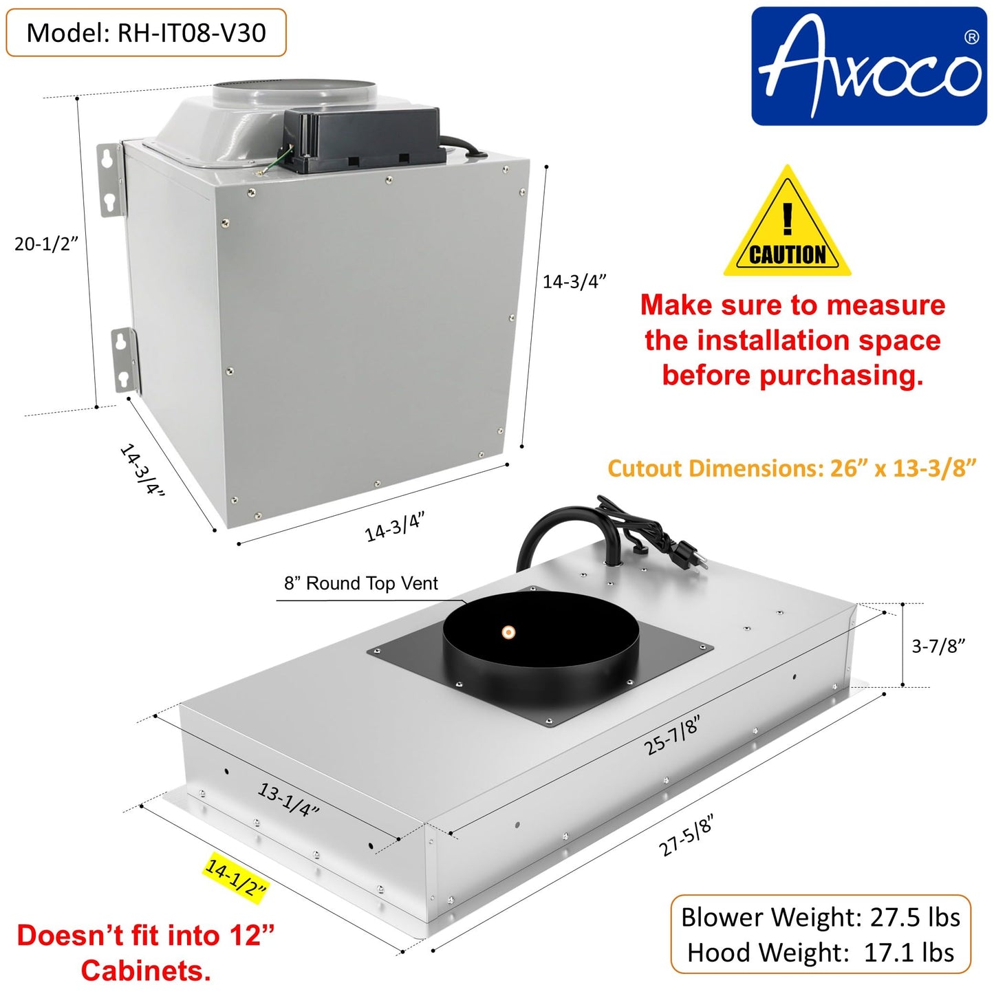 Awoco 28"Wx15"D Ceiling Insert Mount Split Quiet Range Hood with Voice, Gesture, Touch, Remote Controls, 1000 CFM Kitchen Hood with 4-Speed Exhaust Fan, Stainless Steel Stove Hood with 8" Blower