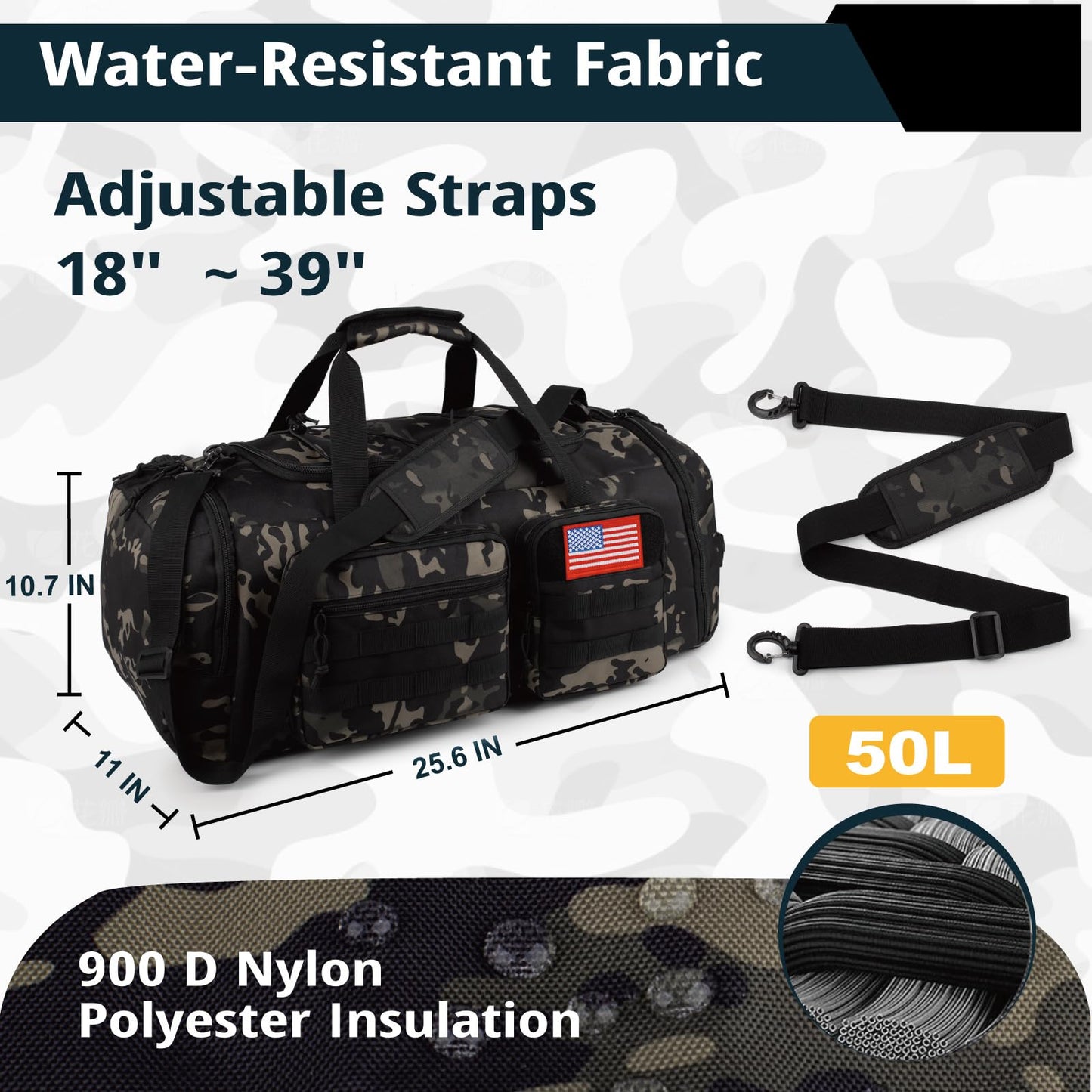 Tactical Gym Bag for Men，50L Large 3 in 1 Sports Duffle Bag with Shoes Compartment for Travel,Water Resistant Travel Backpack Weekender Overnight Bag with Wet Pocket for Women