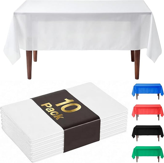 Auros Premium Plastic Tablecloths 10 Pack, 54 x 108 Inch Rectangle Disposable Table Covers for 8FT Tables, Thick & Durable, Waterproof & Spill-Proof, Easy Cleanup for Parties, Wedding, Pure White