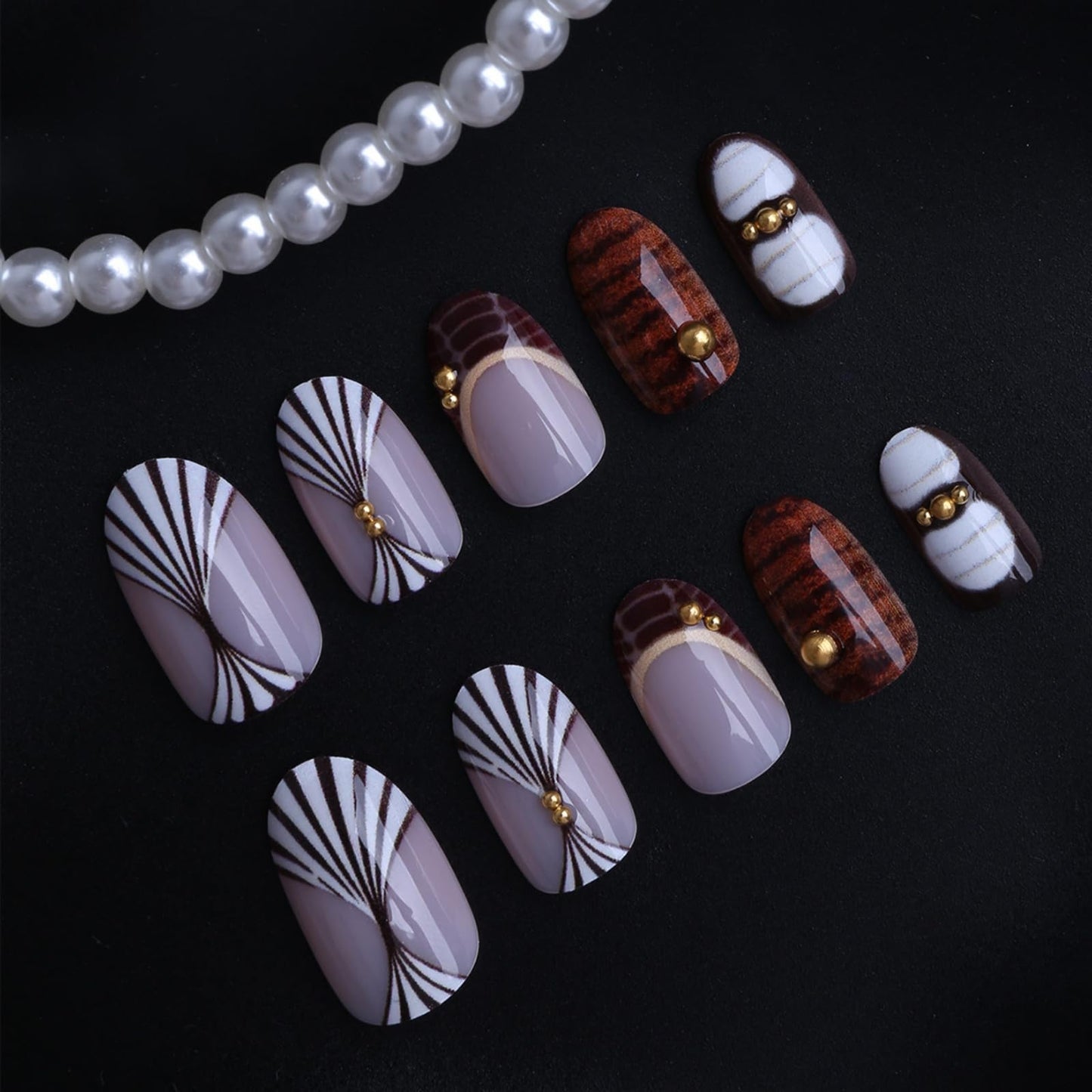 OCTOSWAVE Medium Press on Nails Almond Fake Nails Cute Artificial Nail with Gold Charm Stick on Nail for Women 24pcs