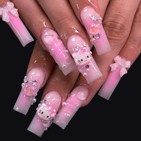 24Pcs Pink Press on Nails Long Coffin Fake Nails with Cute Rhinestones Designs 3D Bow Acrylic Nails Full Cover Cute Cartoon False Nail Set Diamond Star Bow Stick on Nails for Women
