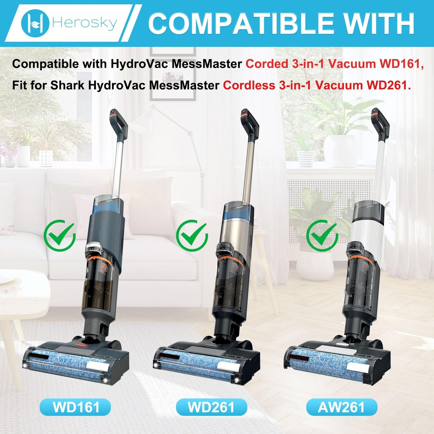 WD161 Roller and Filter For Shark HydroVac MessMaster Wet Dry Vacuum Cleaner WD161 WD261 AW261 (2 Brush 6 Foam Filter Kit)