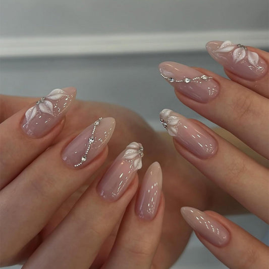 Almond Press on Nails Medium Fake Nails Nude Artificial Nail White Flowers Handmade Stick on Nail for Women 24pcs