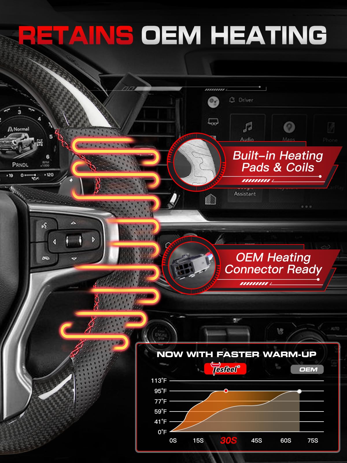 TESFEEL Heated Real Carbon Fiber Steering Wheel for Chevy Silverado 1500 2500 3500 (2019-2025), D-Shape Flat Bottom, Nappa Leather&Hand-Stitching, Fits Models with Factory Heating & Paddle Shifters