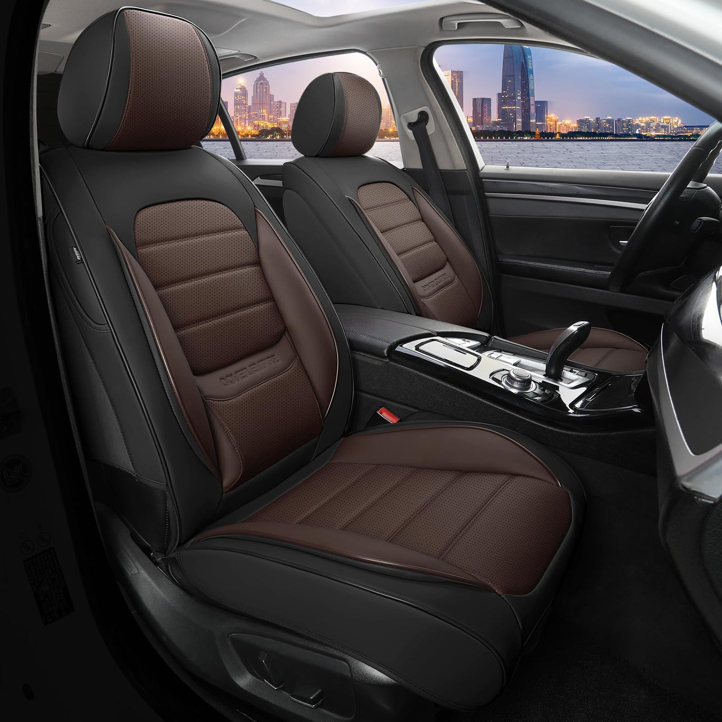 COVER EMPIRE Car Seat Covers Full Set, 5 Seats Universal Leather Seat Covers for Cars, Waterproof Front and Rear Seat Cover, Breathable Automotive Seat Cover for Most Sedans, Trucks, SUVs, Black&Brown
