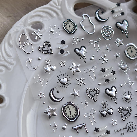 Silver Heart Nail Art Stickers 5D Embossed Clock Bow Nail Decals Valentine Day Nail Stickers for Nail Art Moon Star Nails Design Supplies for Women Girls