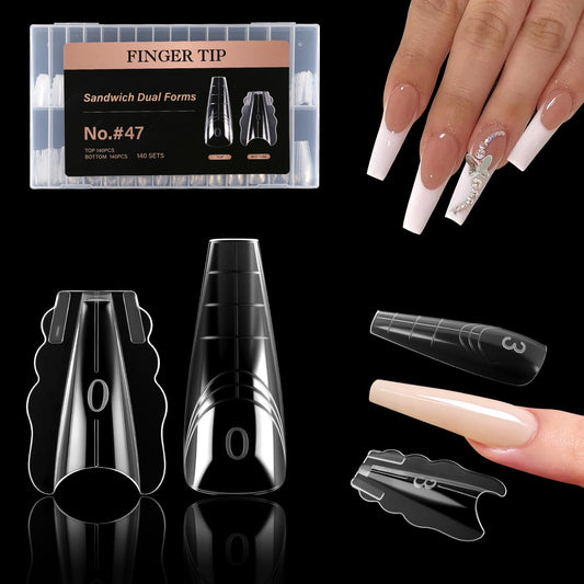 Vnjaoi 280 Pcs Original Sandwich Nails Dual Form with Guide Lines Long Ballerina Nail Mold for Builder Gel Nail Extensions Art Design Salon DIY at Home