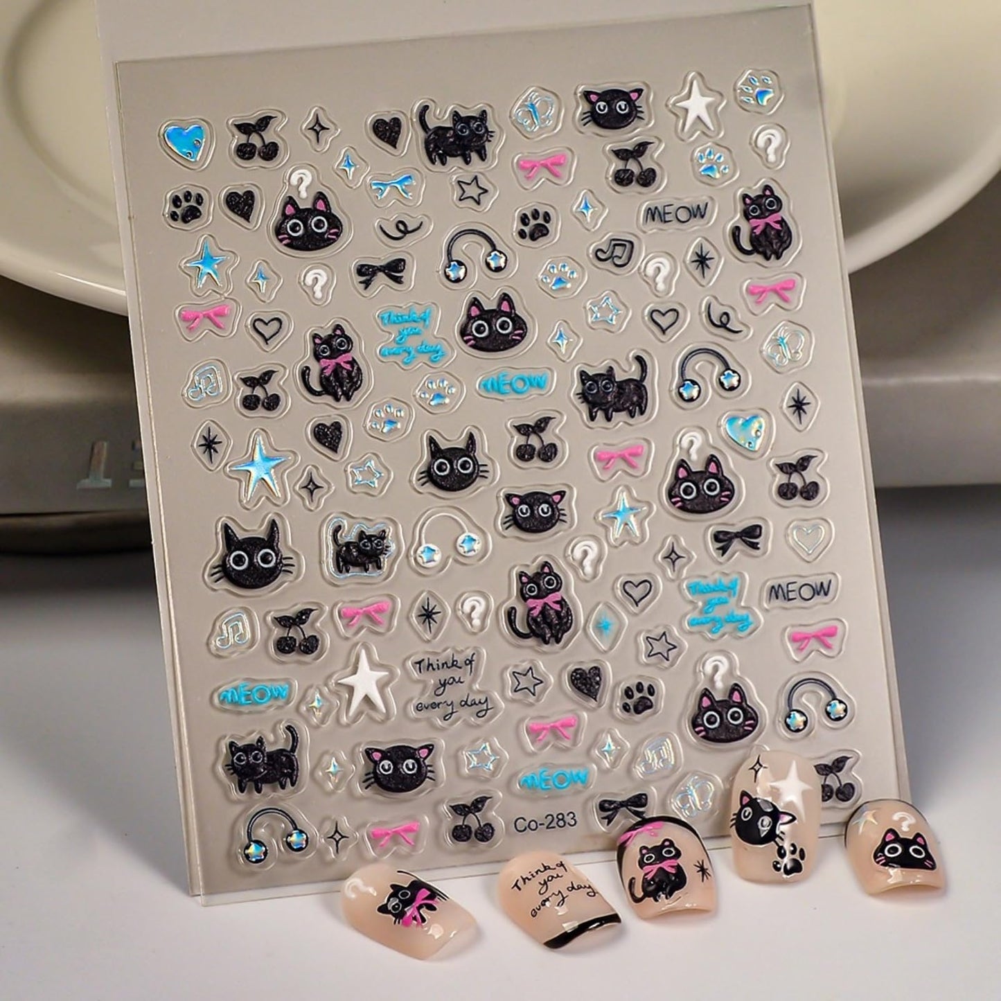 5D Embossed Cat Nail Art Stickers Star Heart Nail Stickers Music Black Cat Nail Decals Self-Adhesive with Cherry Designs Daily Nail Supplies for Women Girls Acrylic Nails DIY Manicure Nail Decorations