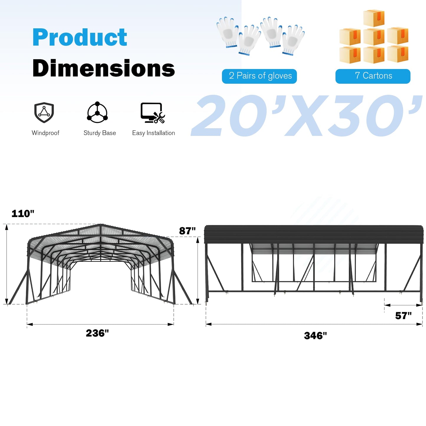 AirWire Carport Canopy 20’X30’ Heavy Duty Car Port Galvanized Steel Roof, Reinforced Stable Triangle Frame for Snowy Windy Metal Carports Enhanced Base Car Tent for Car,RV,Pickup,Boat,Truck,Tractor