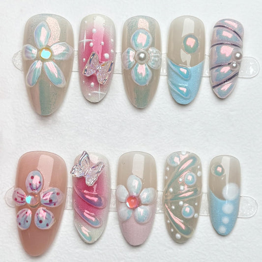 30Pcs Flower Press on Nails Medium Almond Handmade Fake Nails with Crystal 3D Butterfly Flowers Pearl Design French Nails Cute Stick on Nails Full Cover Artificial Glue on Nails for Women