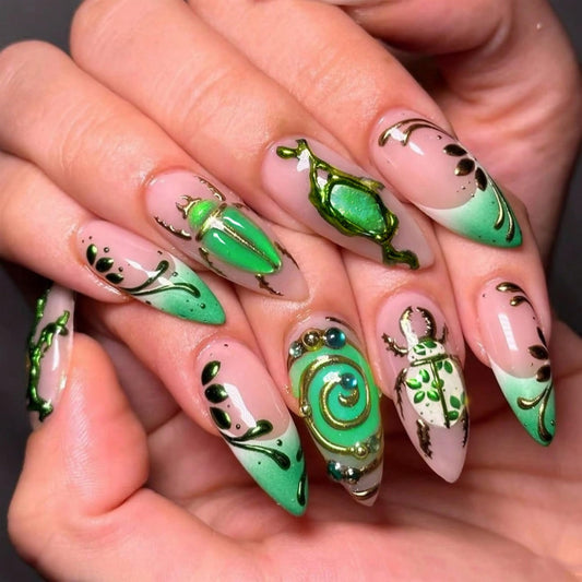 Long Press on Nails Almond Fake Nails Green Artificial Nail Cat Eyes Rhinestones Handmade Gold Charm Designs Stick on Nail for Women 24pcs