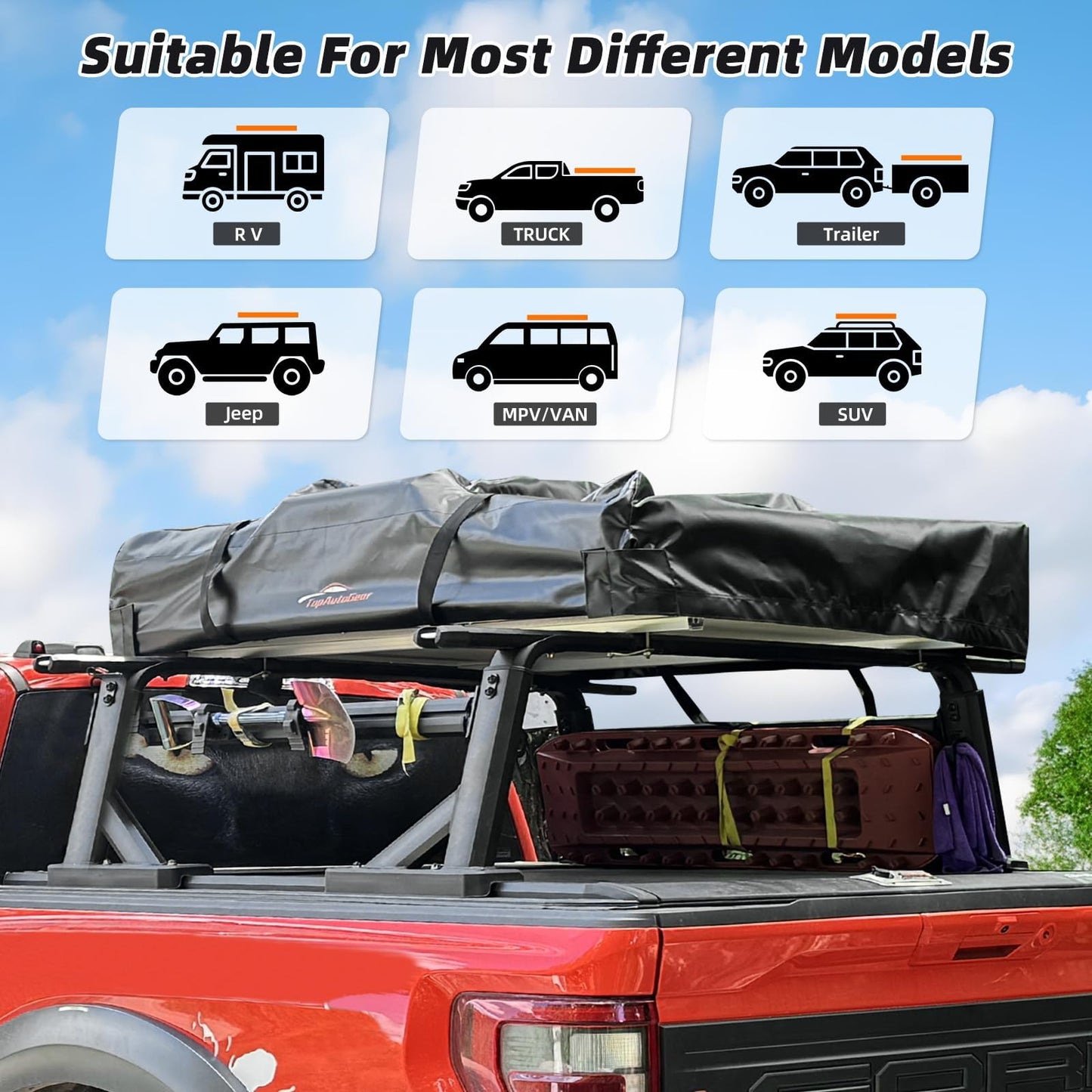 TopAutoGear Rooftop Tent for SUV & Truck Camping, Soft Shell Roof Top Tent, Quick-Setup Design with Telescopic Ladder and LED Lighting for 2-3 Person Family Adventures