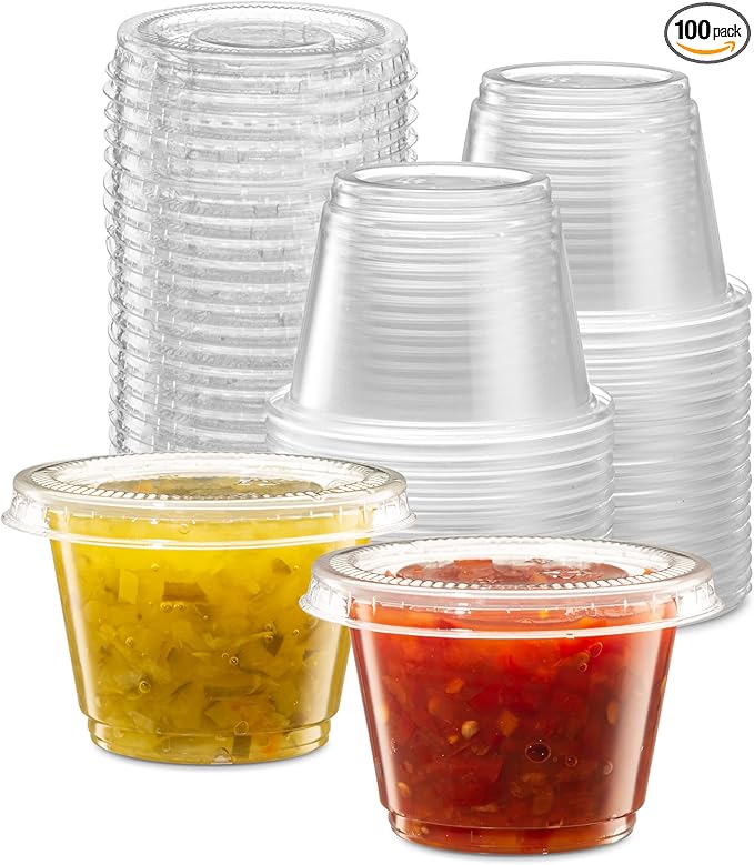 {2.5 oz - 100 Sets} Clear Diposable Plastic Portion Cups With Lids, Small Mini Containers For Portion Controll, Jello Shots, Meal Prep, Sauce Cups, Slime, Condiments, Medicine, Dressings, Crafts, Disposable Souffle Cups & Much more