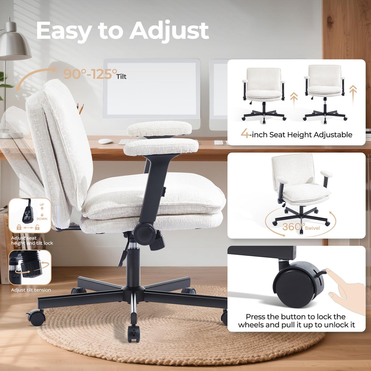 Morkprism Criss Cross Chair with Flip-Up Arms and Lockable Wheels, Plush Fabric Cross Legged Office Desk Chair，Wider 125°Tilting Adjustable Swivel Chai r for Home, Apartment, Bedroom,Pearl White