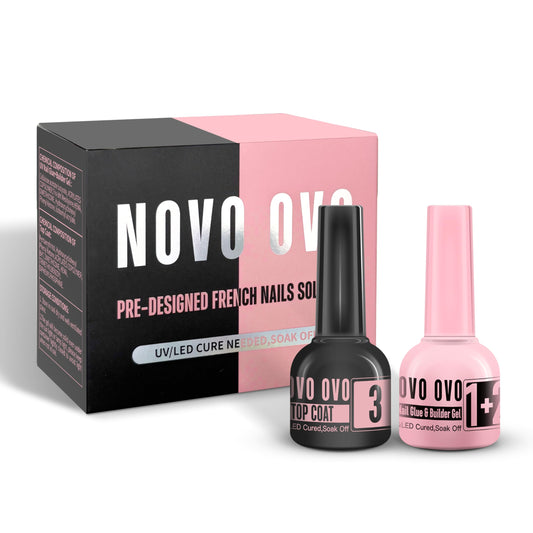 UV Nail Glue and Builder Gel 2 in 1, No Wipe Top Coat Kit for Predesigned French Tip Nail Tips, NOVO OVO Super Strong Adhesive for Press on Nails, 30+ Days Long Lasting, Salon Effect, Easy to Use