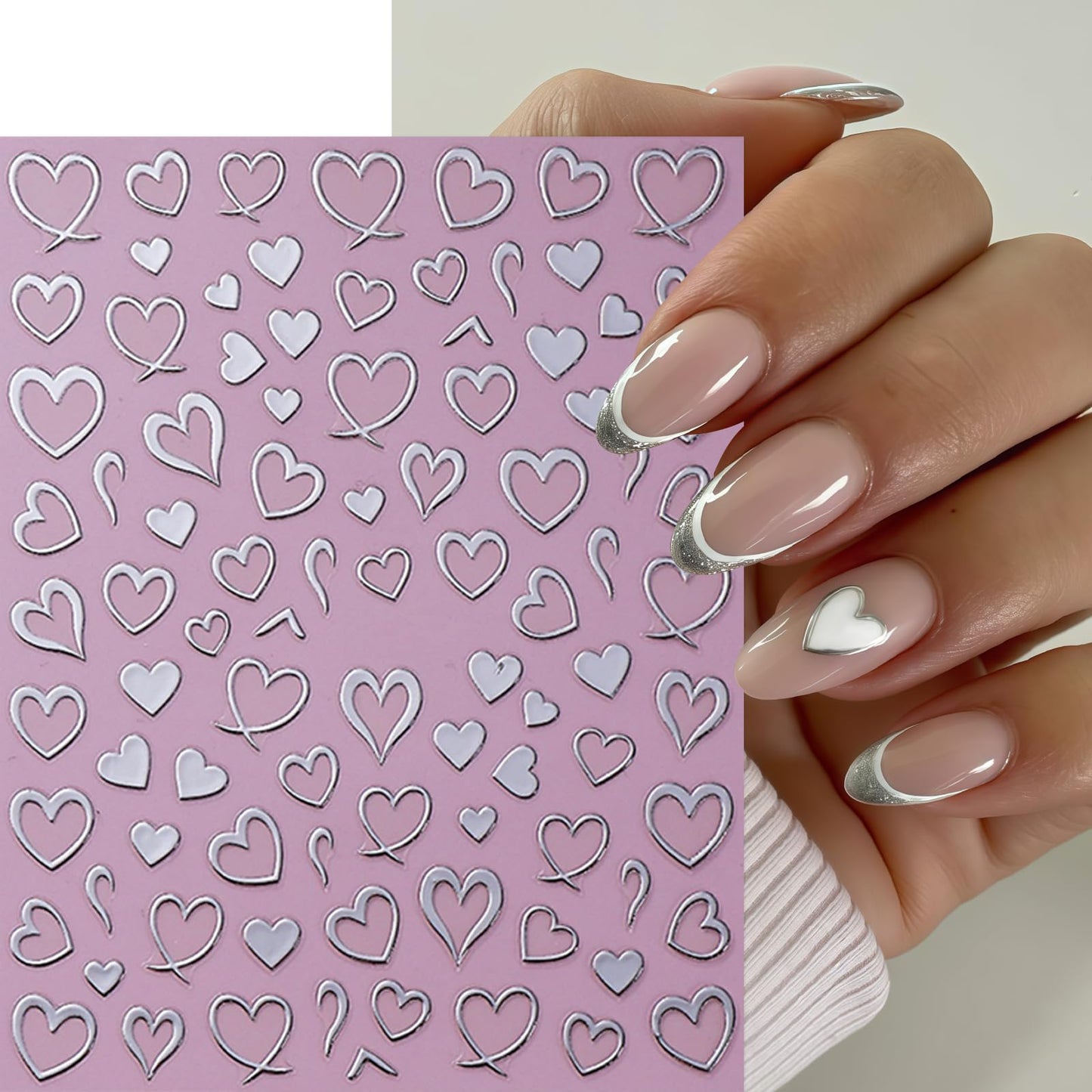 6 Sheets Heart Nail Stickers 3D Self-Adhesive Hearts Nail Decals Love Hollow Peach Heart Shaped French Nail Design Valentine French Sticker Nail Supplies for Women Valentine Holiday Nail Decoration