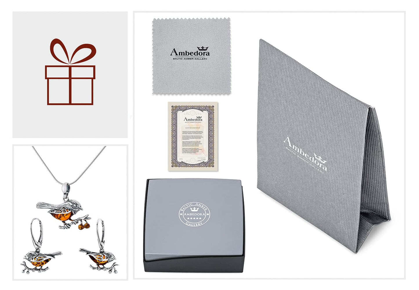 AMBEDORA Women's Jewellery Set Amber Sparrows, Oxidised Sterling Silver, Baltic Amber in Cognac Colour, Silver Pendant on Chain and Earrings