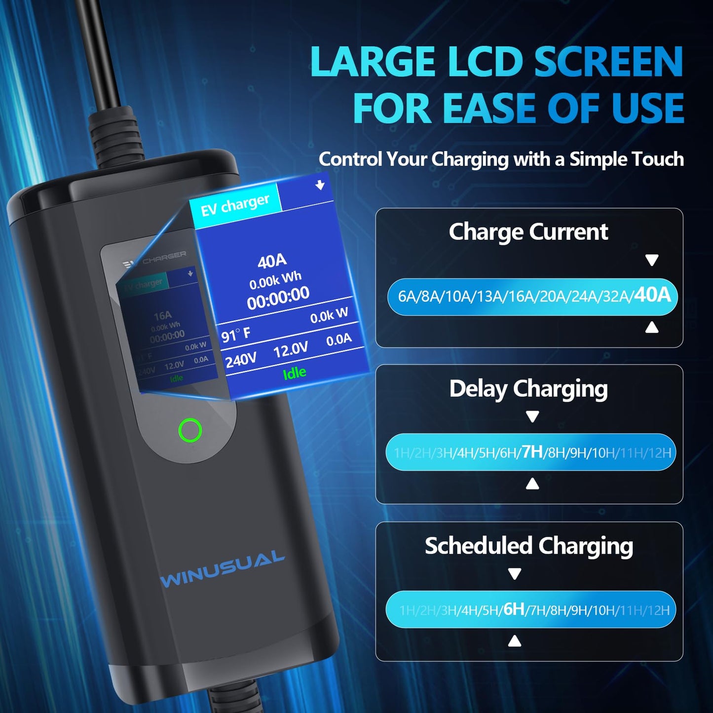 WINUSUAL Portable Level 2 EV Charger, Adjustable 40A Electric Car Charger J1772, 240V NEMA 14-50 Plug EVSE Home Charging Station with 25ft Cable and Carry Bag