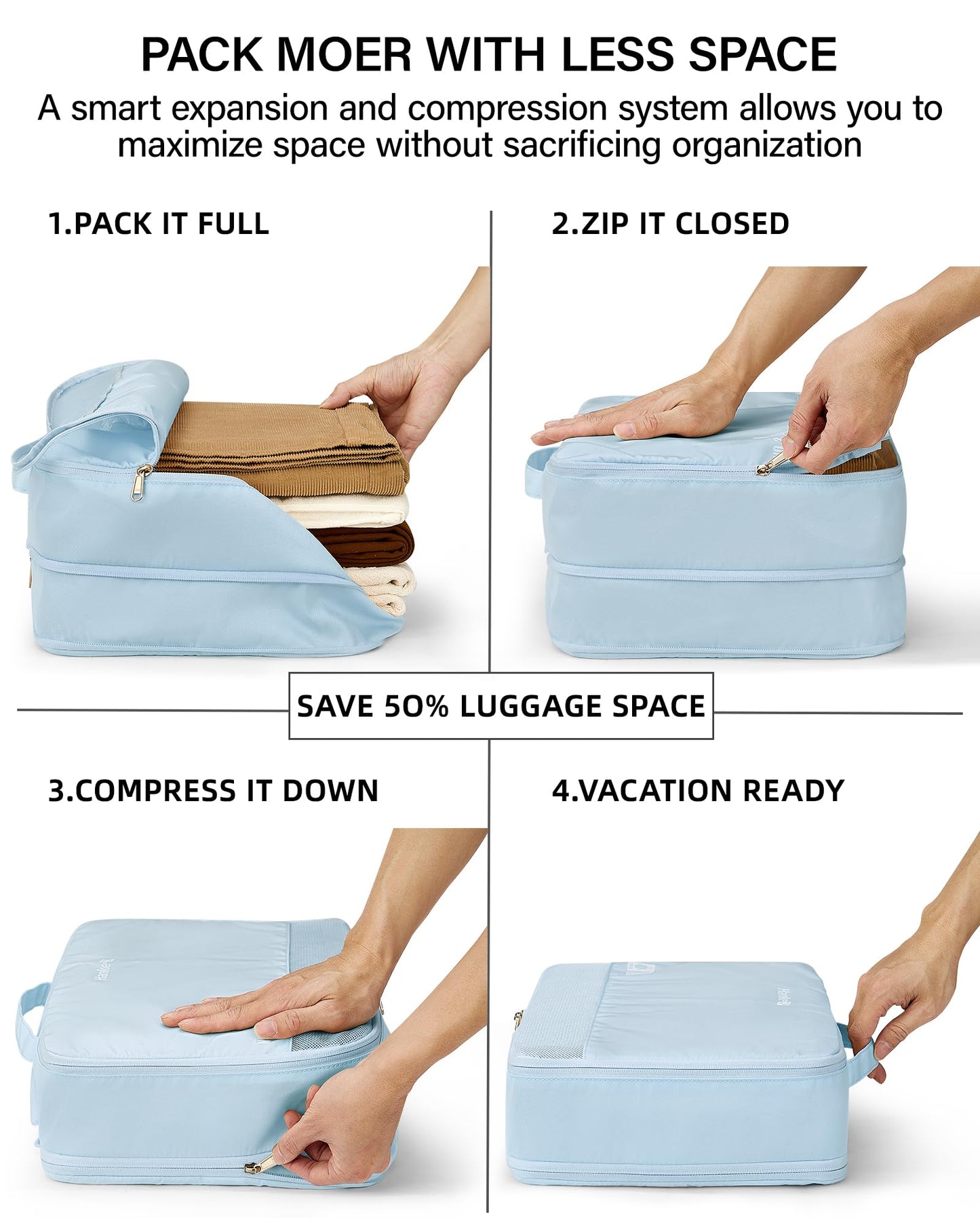 Hanke 7 Piece Expandable Compression Packing Cubes, Premium Travel Packing Organizers for Suitcases/Carry On, Luggage Organizer Bags with Breathable Mesh & Label,Light Blue