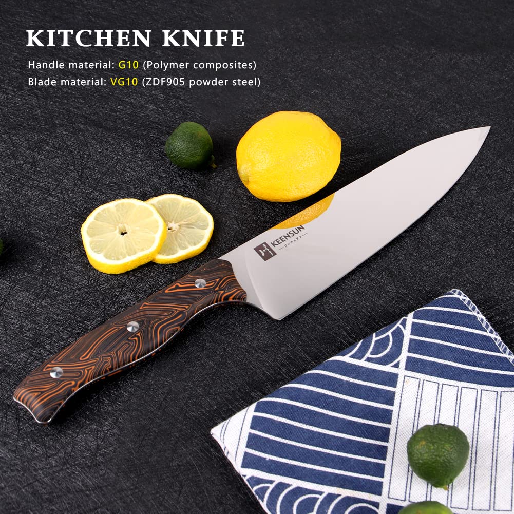 KEENSUN Chef Knife - 8 Inch Professional Kitchen Knife Rust Resistant VG10 Stainless Steel Ultra Sharp Chef Kitchen Knife,Orange-Black Damascus Pattern G10 Handle and Mirror Polished Blade