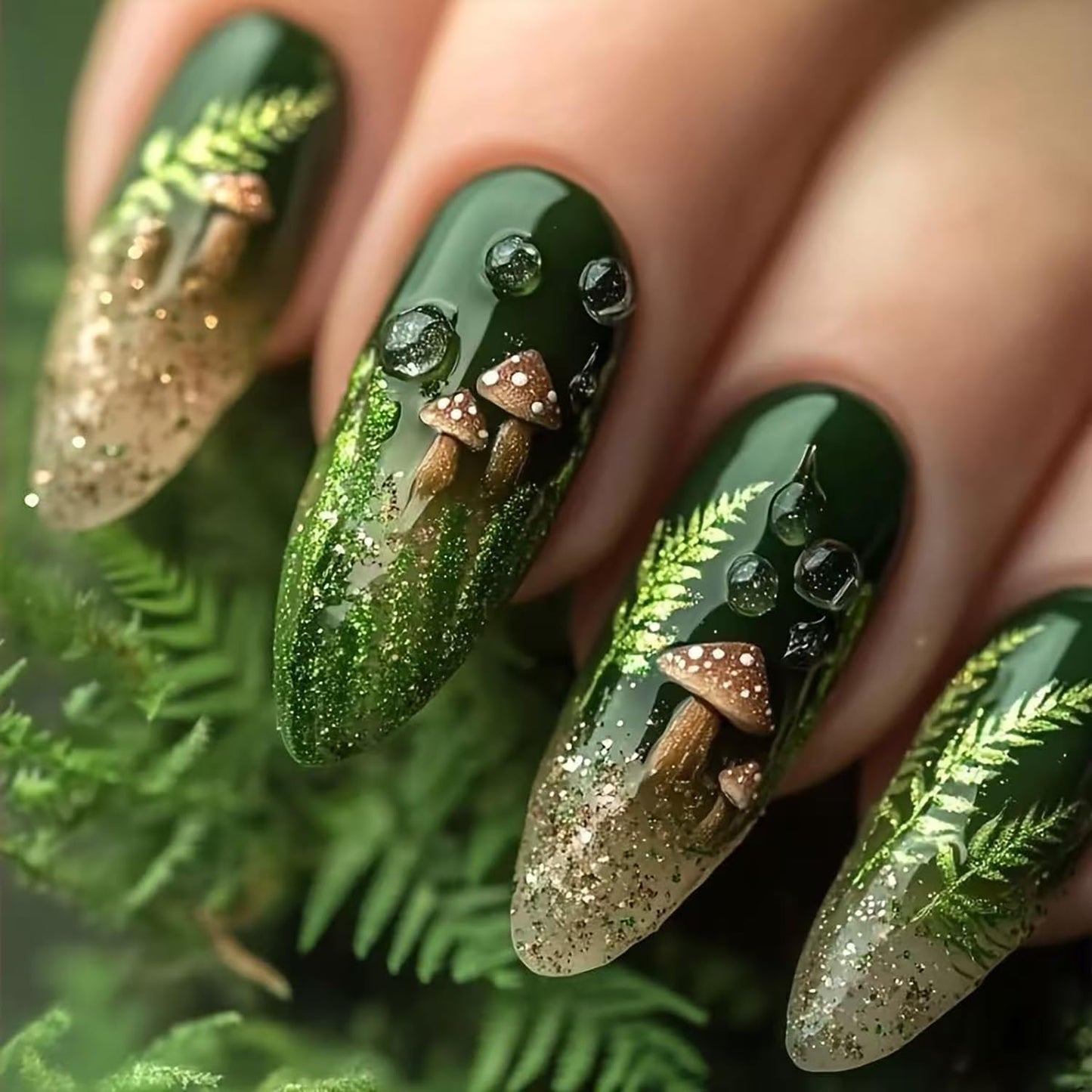 24Pcs Press On Nails Almond Medium Fake Nails With Mushroom Grass Design Green Stick On Nails Glitter Water Droplet Glue On Nails Glossy Full Cover Artificial False Nails For Women Nail Supplies