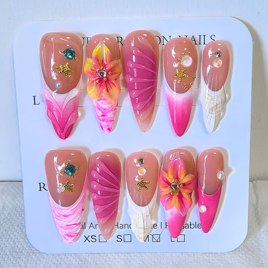 Handmade Press on Nails Long Stiletto False Nails Pink French Tip Fake Nails with 3D Flower Beach Designs Sparkly Charm luxury Artificial Nails for Women 10Pcs (Size M）