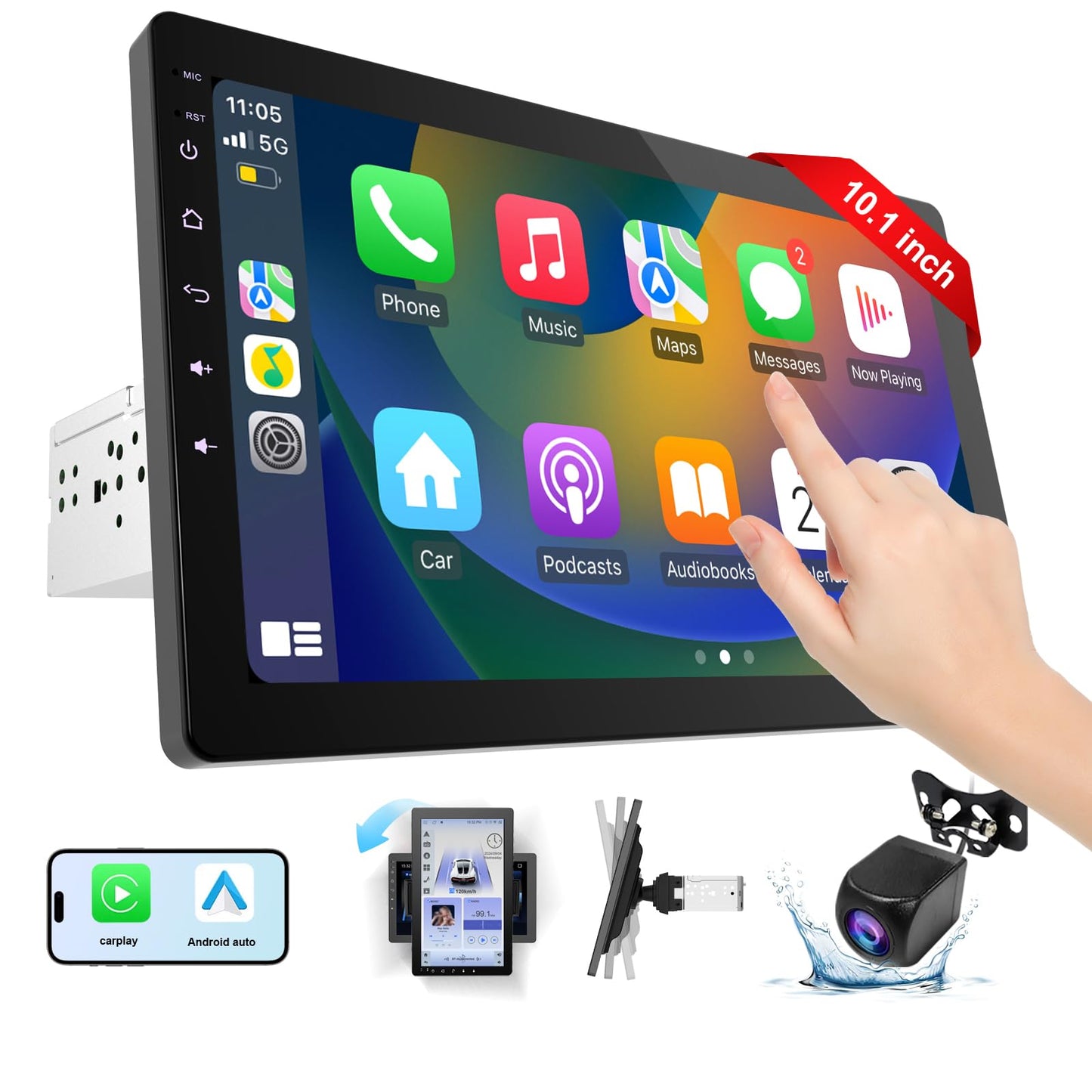 10.1 Inch Rotatable Carplay Screen for Car and Android Auto,Single Din Car Stereo with 720P Backup Camera,Touch Screen GPS Navigation,Bluetooth,Voice Control