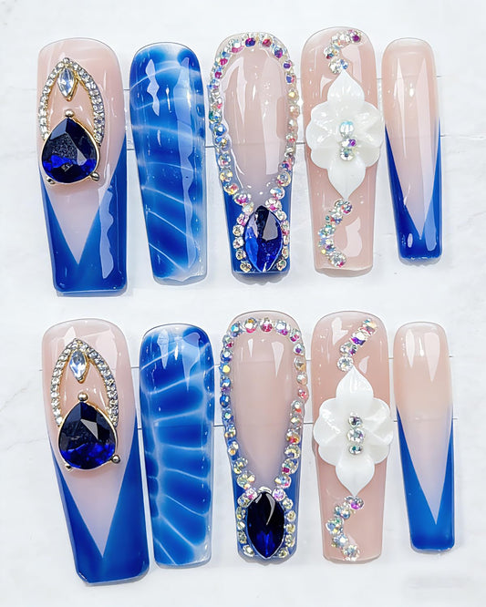 CAMILCY Luxury Handmade Coffin Press on Nails Long Length Blue Water Ripple Gem Flower Design Glossy Full Cover Acrylic Fake Nails for Women 10pcs (B22, S)
