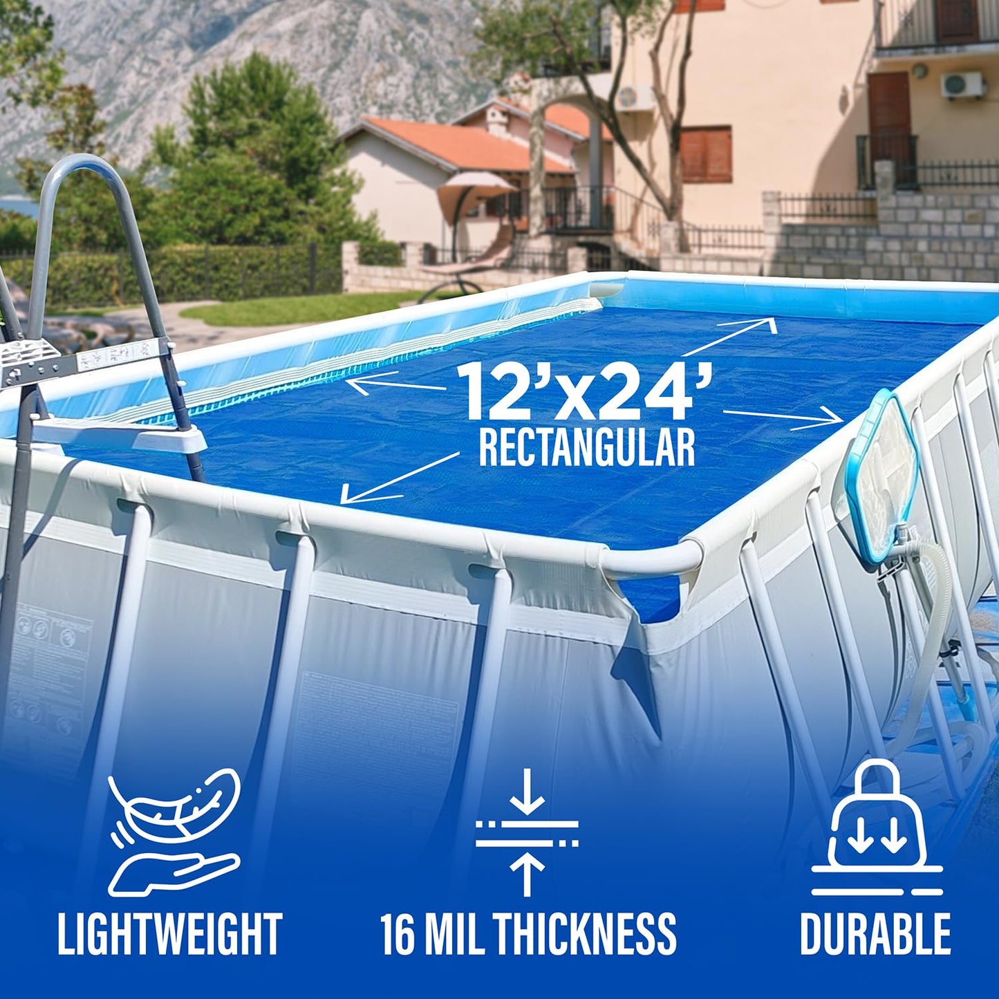Shop Square 12 x 24 Foot Rectangle Solar Pool Cover for Inground and Above Ground Pools, 16 Mil - Premium Heavy Duty Solar Blanket for Above Ground Pool, Blue - Made in USA