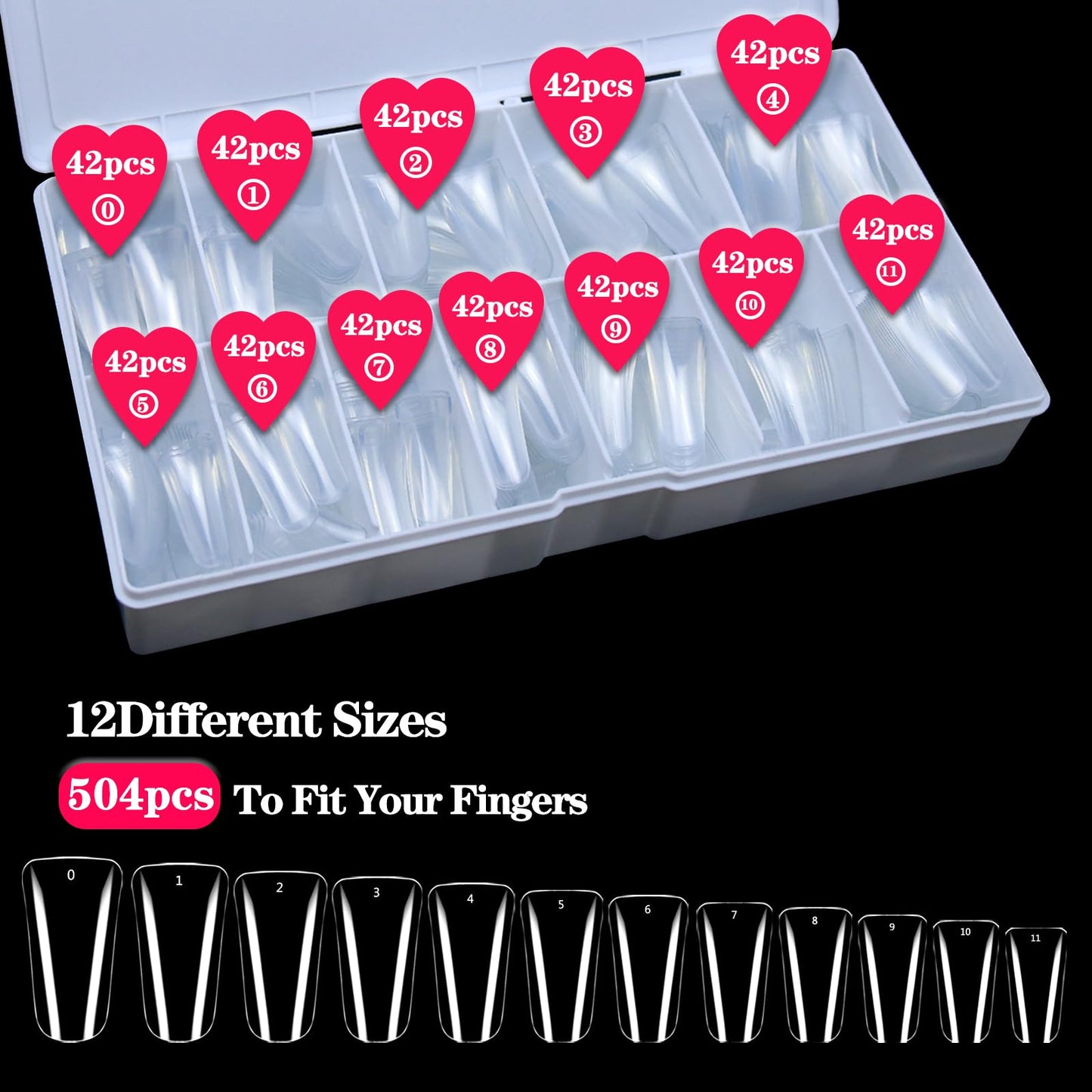 504PCS Duck Nail Tips Full Cover Duck Fan Flare Nail Tips 12 Sizes Duck Feet Styel French Fake Nail Extension Tips with Box