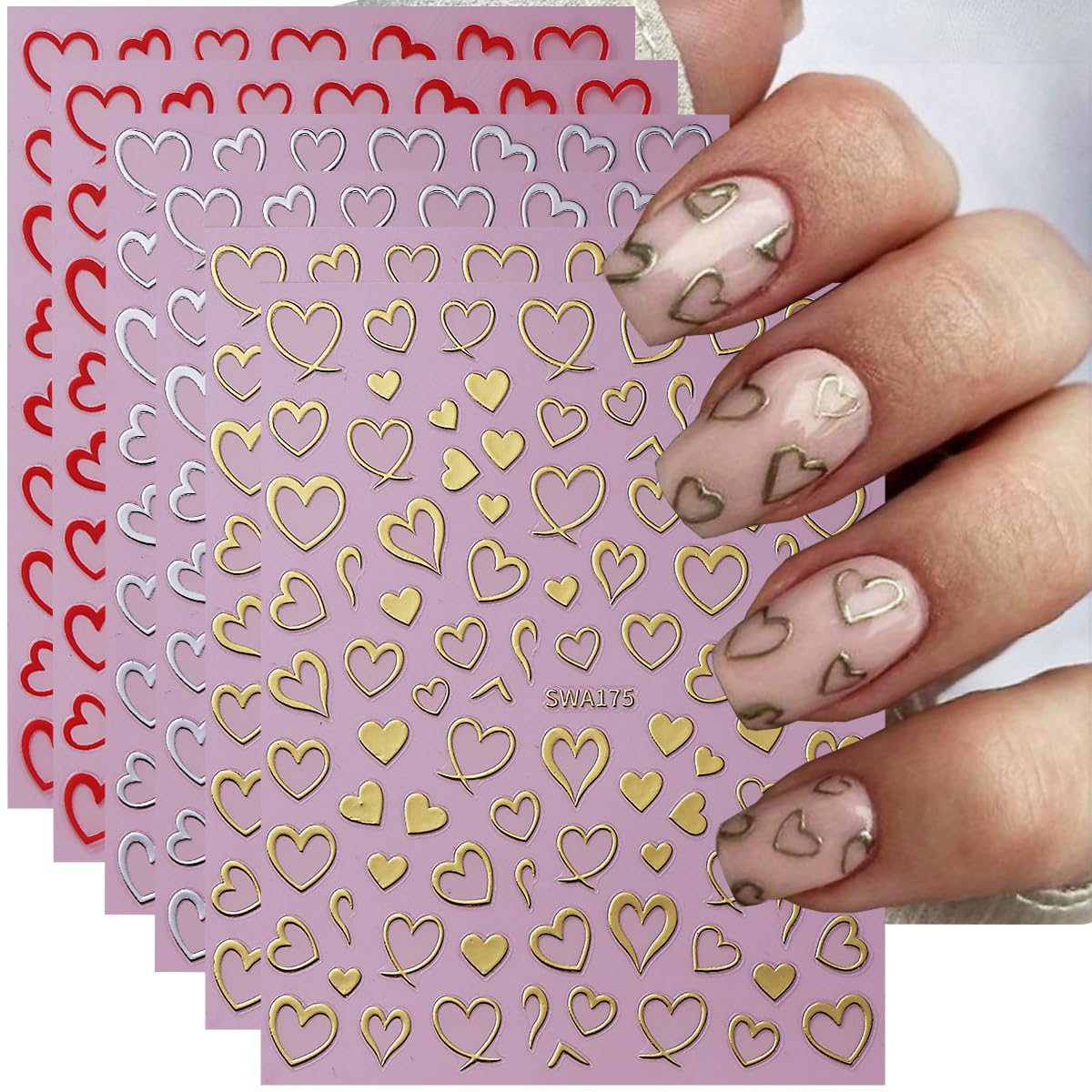 Heart Nail Art Stickers Valentine's Day Nail Decals 6PCS Empty Love Heart 3D Self-Adhesive Valentine Nail Art Decorations Supplies Red Silver Gold Heart Stickers for Nails Women Manicure Design