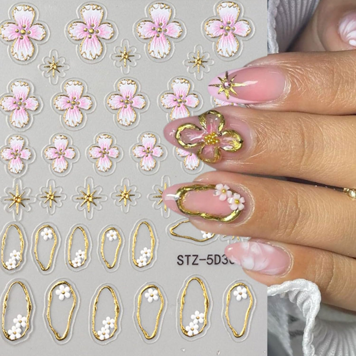 4 Sheet 5D Embossed Nail Stickers Flower Nail Art Stickers Decals for Spring Nail Supplies Pink Floral Nails Art Design Daisy Gold 3D Self-Adhesive Manicure Decoration for Women Nails Supplies
