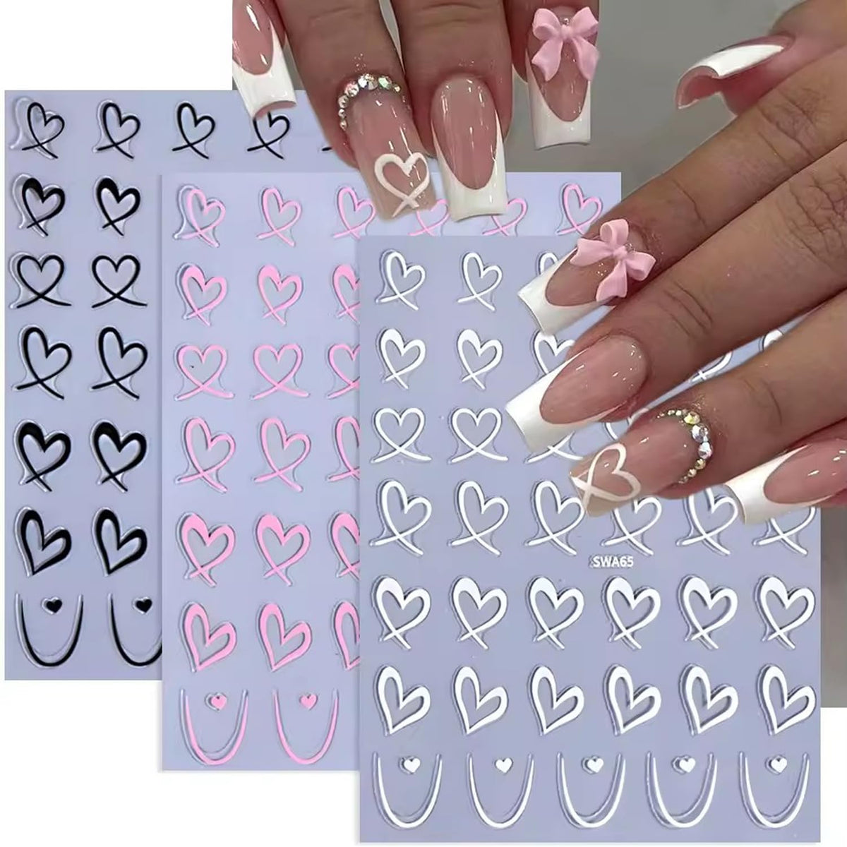 3pcs Valentine's Day Nail Art Stickers 3D Black White Pink Lines Love Heart Nail Decals Irregular French Stripe Lines Simple Valentine's Design DIY Adhesive Stickers Hearts Manicure Decor for Women