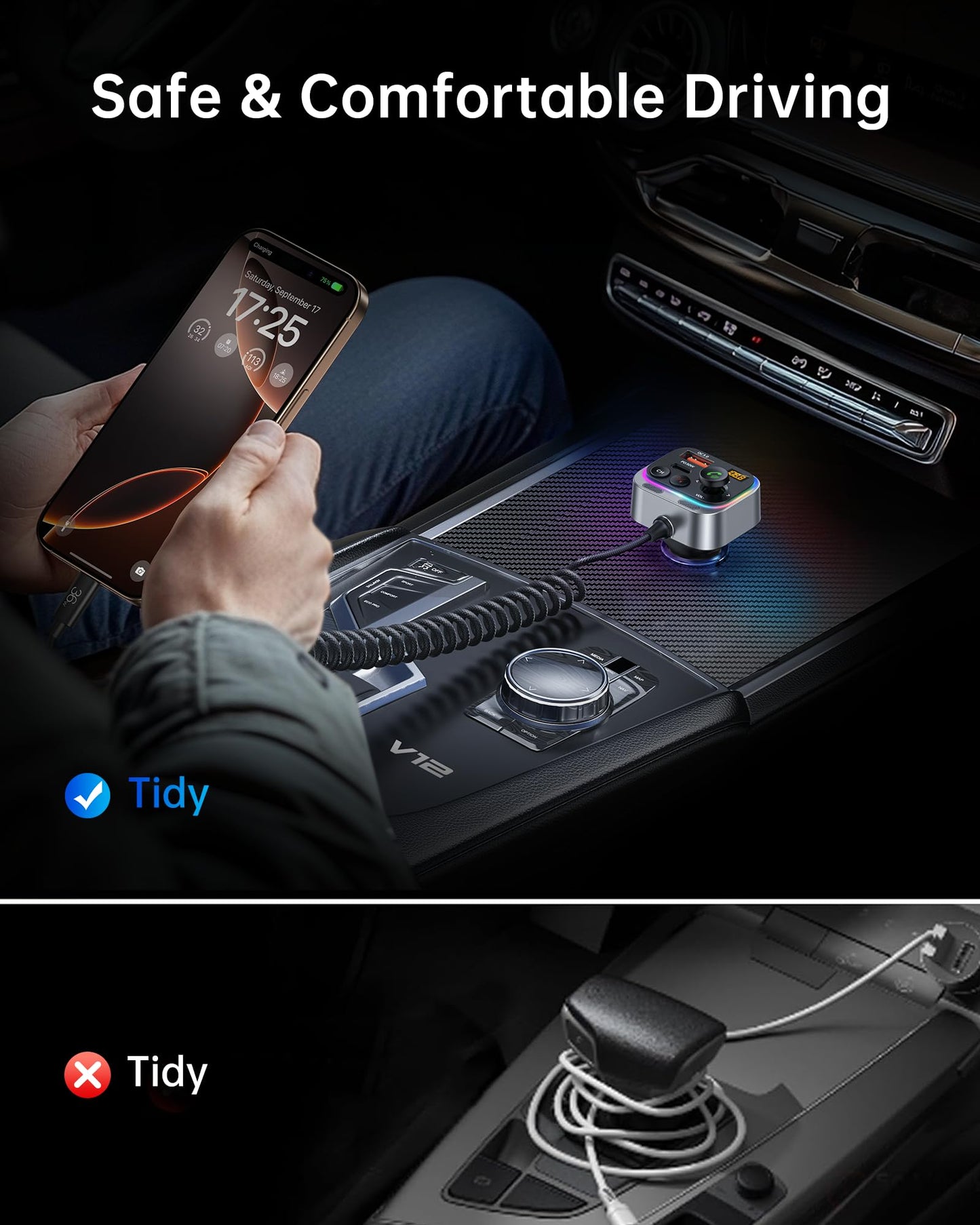 Syncwire Bluetooth 5.4 FM Transmitter Car Adapter 66W PD & QC 3.0 Fast Charging with USB-C Cable Wireless Radio Adapter with Light Control, HiFi Bass, Hands-Free Calling and Strong Mics