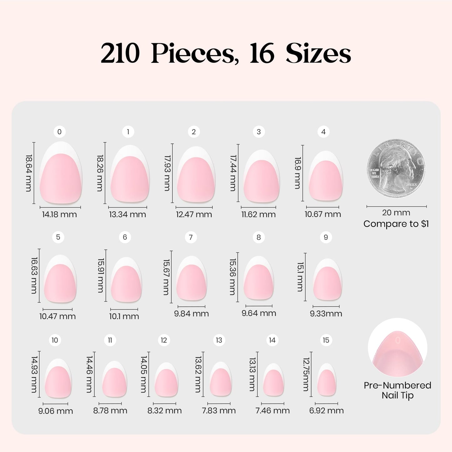 Beetles X Press Plus French Tip Nails | Petal French | Pink Ultra-Short Almond French Tip Press On Nails-210 Pcs 16 Sizes Natural Salon Quality Nail Tips