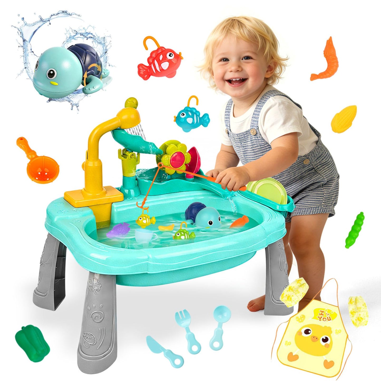 Mini Water Table for Toddler 1-3, Kids Play Sink with Running Water, Outdoor Toys for Kids Ages 4-8 with 360° Electric Faucet, Floating Fishing Game, Sensory Activity Kitchen Toy for Boys Girls