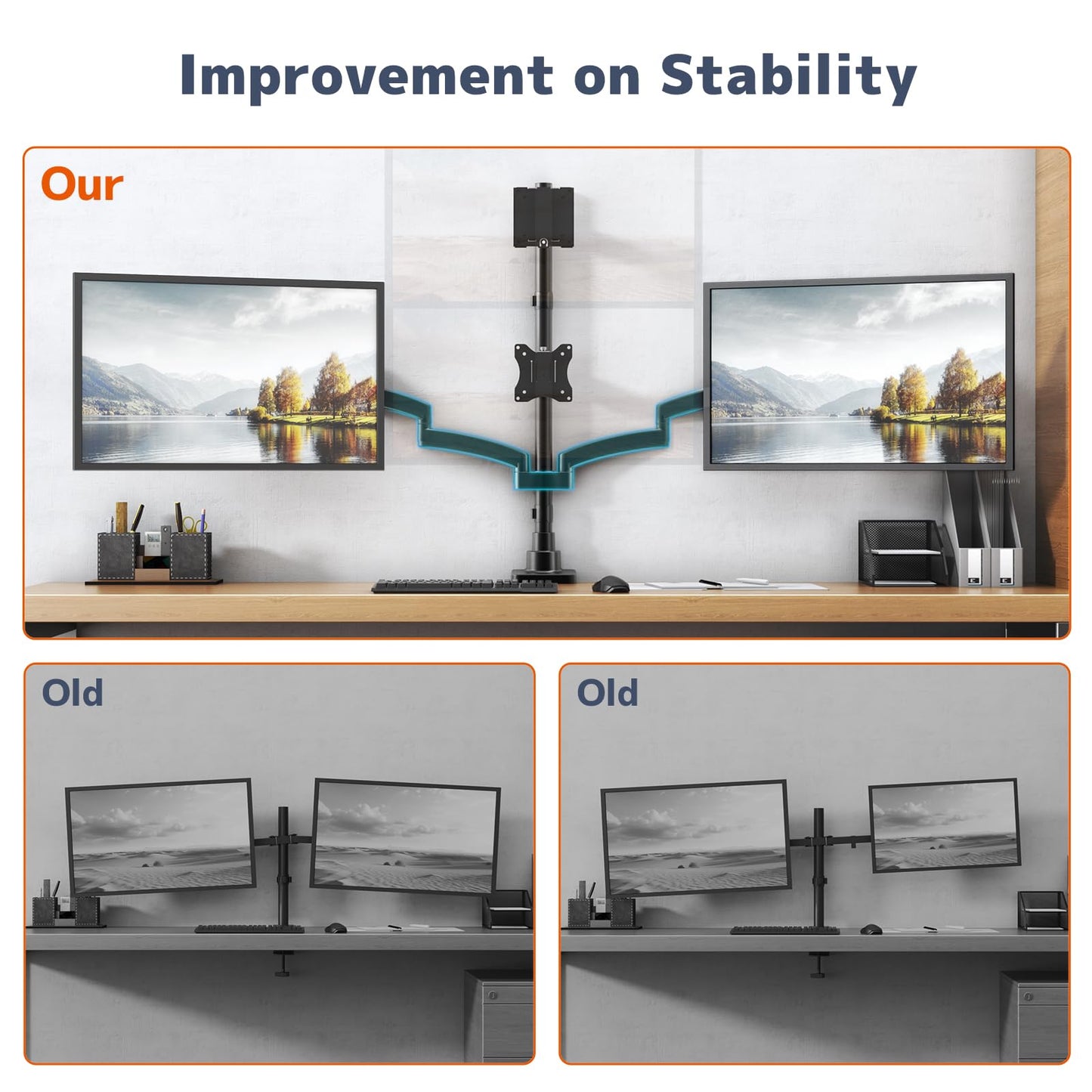 PUTORSEN Quad Monitor Mount for up to 49’’ Ultrawide on Top Bracket and 27’’ Screens on Lower Brackets, Holds up to 44lbs, Quad Monitor Stand with Gas Spring, C-Clamp & Grommet Base