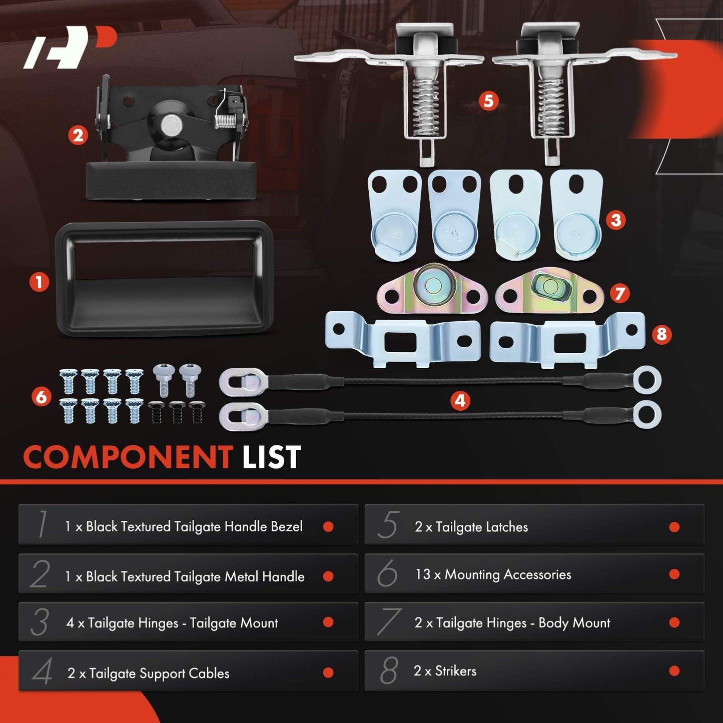 A-Premium Tailgate Rebuild Kit Compatible with Chevrolet & GMC Models - C1500, C2500, C3500, K1500, K2500, K3500, Rear Tailgate Parts Metal Handle Bezel Latch Cable Hinge Bolts (Pack of 27)