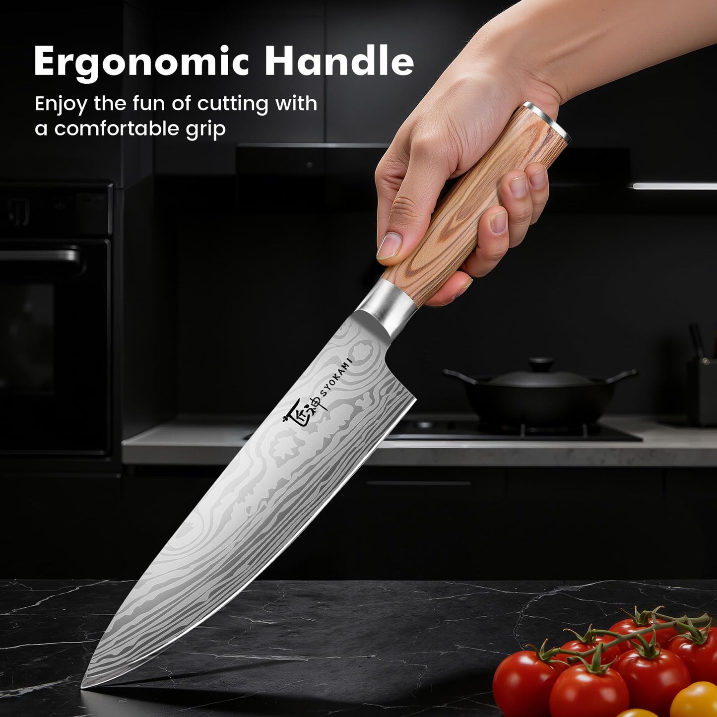 SYOKAMI Japanese Knives Set for Kitchen with Block, 14 PCS Magnetic Knife Set with Holder and Sharpener, Wooden handle, Stainless Steel Knife Set, Ideal as a Gift