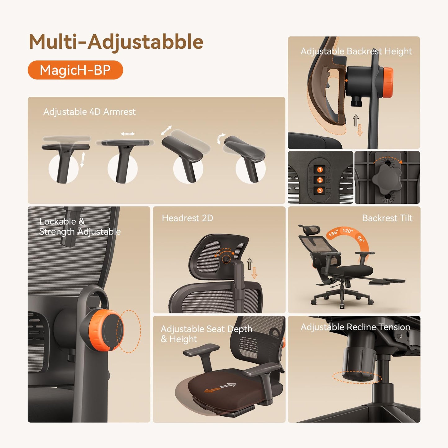 Newtral Ergonomic Office Chair with Footrest, Auto-Adjusting Lumbar Support, 4D Armrests & High Back - Adjustable Seat Depth, Height & 136° Tilt for Home Office & Gaming
