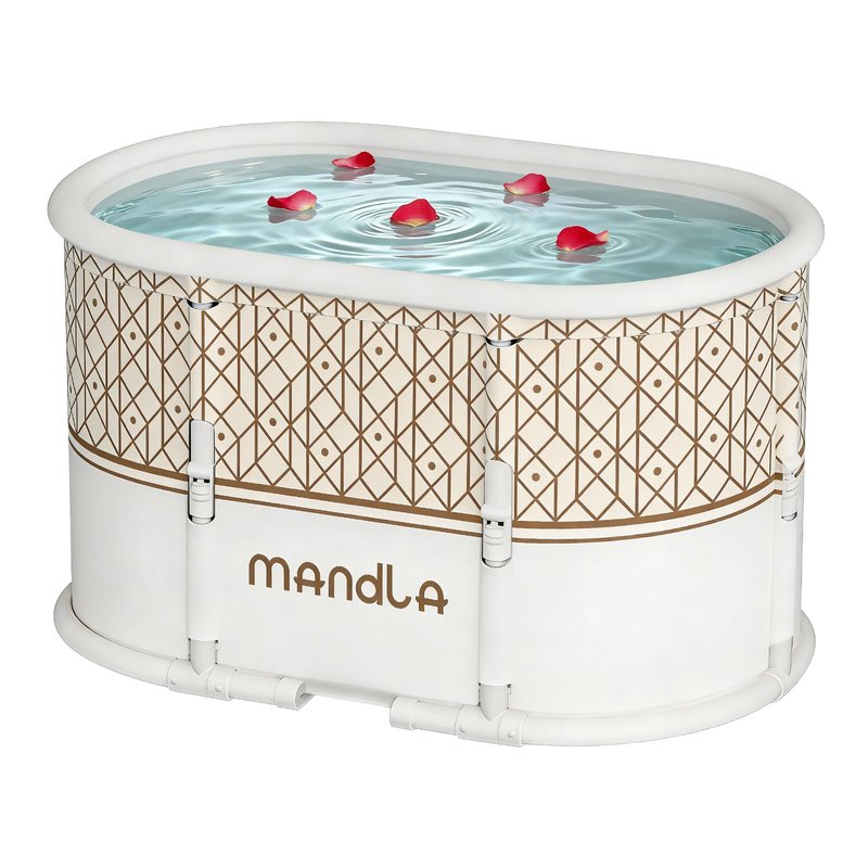 HLCZLUZ Portable Bathtub, Foldable Bathtub No Installation, Freestanding Shower Bathtubs with Cushion, Collapsible SPA Soaking Bath Tub, Hot & Ice Bath Tub for Indoor Outdoor (White Brown Stripes)