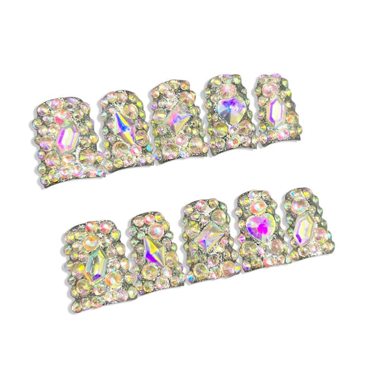 Handmade 3D Iridescent Full Rhinestone Square Press On Nails, Luxury Rhinestone Stage Style Artisan Nails Set, Reusable Glossy Press-ons with Tool Kit(S)