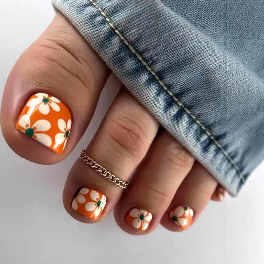 Summer Press on Toenails Short Square Orange Glossy Fake Toenails Cute White Flower Toe Nail Press ons Reusable Acrylic Stick on Toe Nails for Women Daily Vacation Manicure 24Pcs