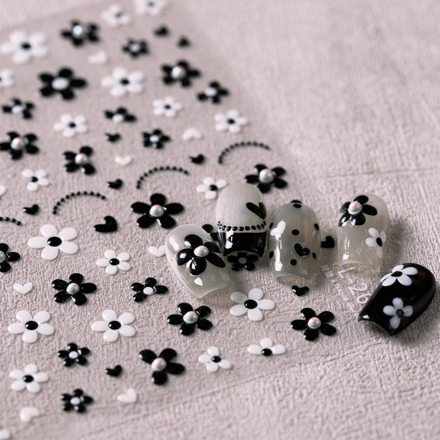 5D Embossed Flower Nail Art Stickers Black White Flower Nail Stickers with Pearl Design Self-Adhesive Nail Decals for Women Girls Spring Summer Manicure DIY Nail Supplies
