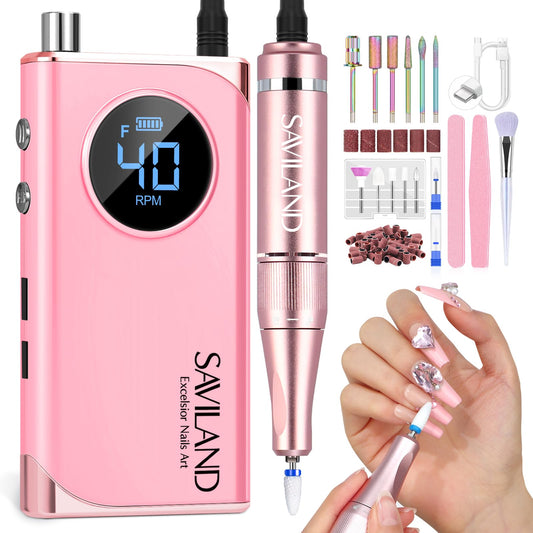 SAVILAND Electric Nail Drill Professional: 40000RPM Pink Rechargeable Portable Electric Nail Filer with 6000mAh Battery, for Shaping, Removing & Polishing Acrylic Nails Home Salon Manicure Gift