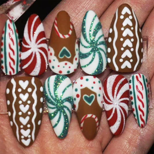 Christmas Press on Nails Swirl Medium Almond False Nails 24Pcs Love Heart Gel Glue on Nail Glossy Green Glitter Acrylic Fake Nail Candy Cane Stick on Fingernails for Women Xmas Gift