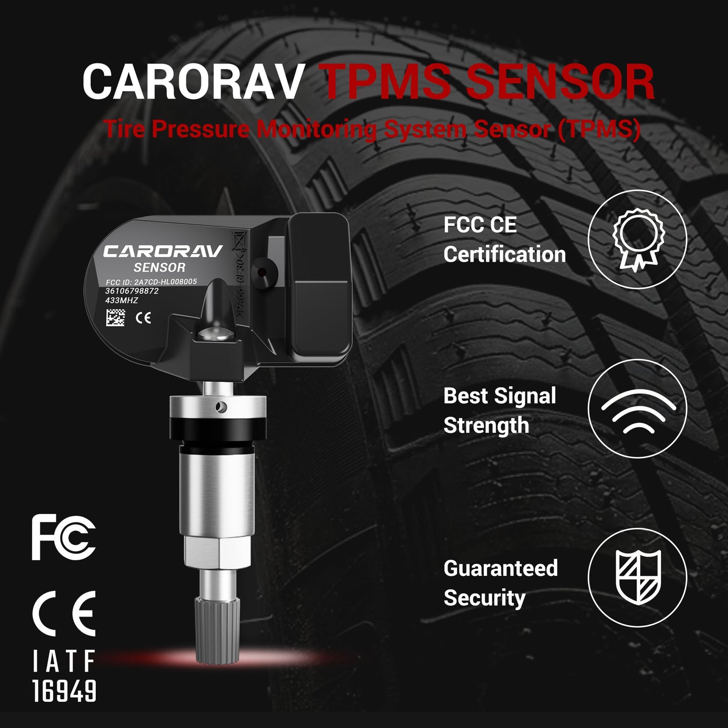 CARORAV 433Mhz Tire Pressure Monitoring System Sensor Compatible for BMW Rolls Royce MINI Ferrari, TPMS Sensor Replaces 36106798872 36106890964 F11001648001B 4 Pack - 4 Replaceable Valve Stems