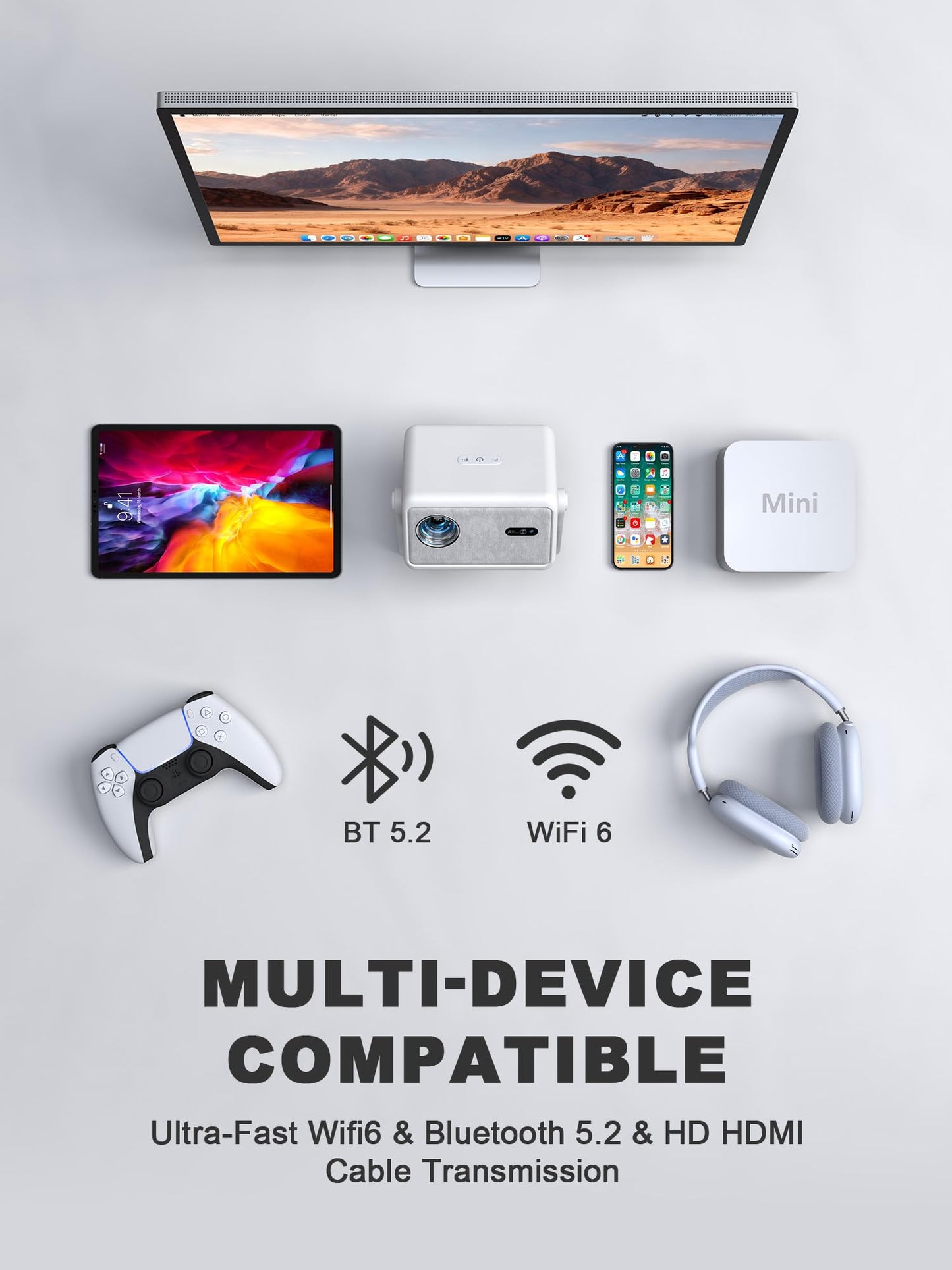 【1900 ANSI & Officially-Licensed APP】Smart 4K Projector with WiFi and Bluetooth, VISSPL Auto Focus Portable Outdoor Projector, Movie Home Theater Proyector with 360° Adjustable Stand